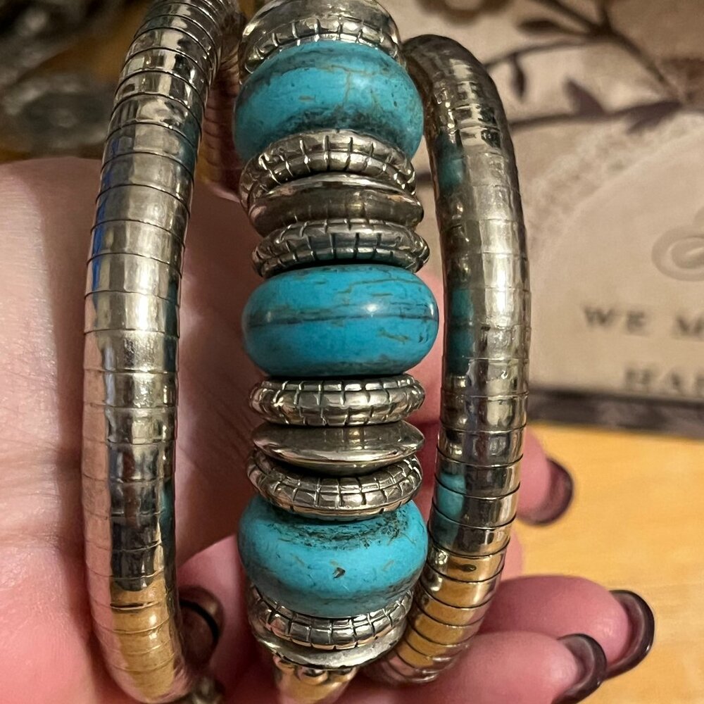 Silvertone and Turquoise Color Bracelet, Snake Wrap